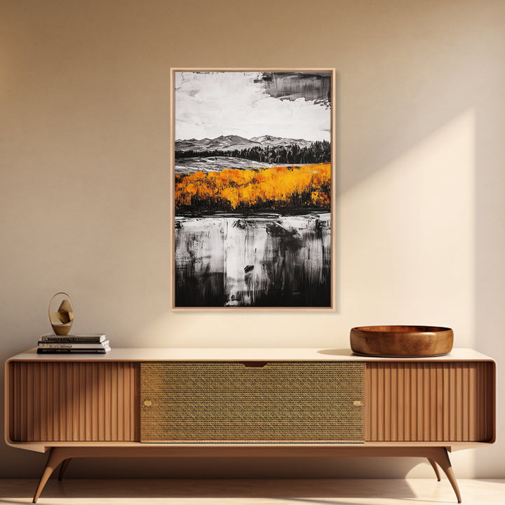 Autumn Mountain Scene, Yellow Trees Reflection, Black White Landscape, Rustic Cabin Art, Cozy Fall Wall Decor, Framed Canvas Print