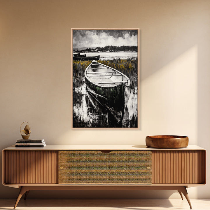 Canoe on Water, Lakeside Reflection, Framed Canvas Print, Nature Art, Cabin Wall Decor, Black and White Landscape, Serene Home Accent
