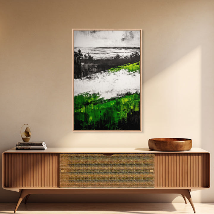 Coastal Cliffs, Ocean Landscape Art, Green Hills Painting, Nature Decor, Outdoor Wall Art, Minimalist Home Print, Framed Canvas Print