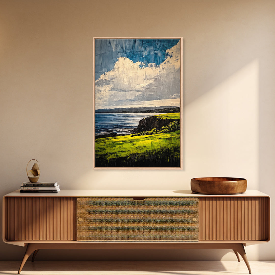 Coastal Cliff Art, Ocean View Print, Nature Landscape Decor, Tranquil Wall Art, Serene Scenery Print, Living Room Art, Framed Canvas Print