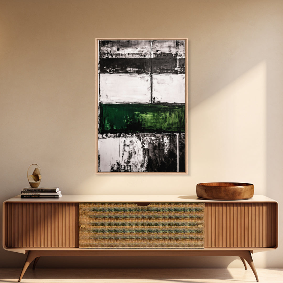 Abstract Art, Black White Green, Modern Wall Decor, Industrial Office Art, Geometric Painting, Contemporary Home Decor, Framed Canvas Print