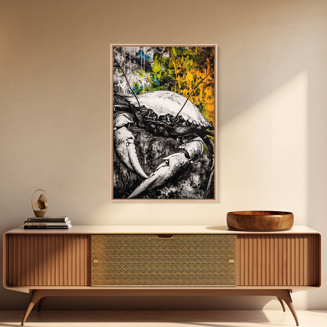 Crab Wall Art, Nautical Coastal Print, Monochrome Decor, Rustic Beach House Art, Marine Illustration, Kitchen Art, Framed Canvas Print