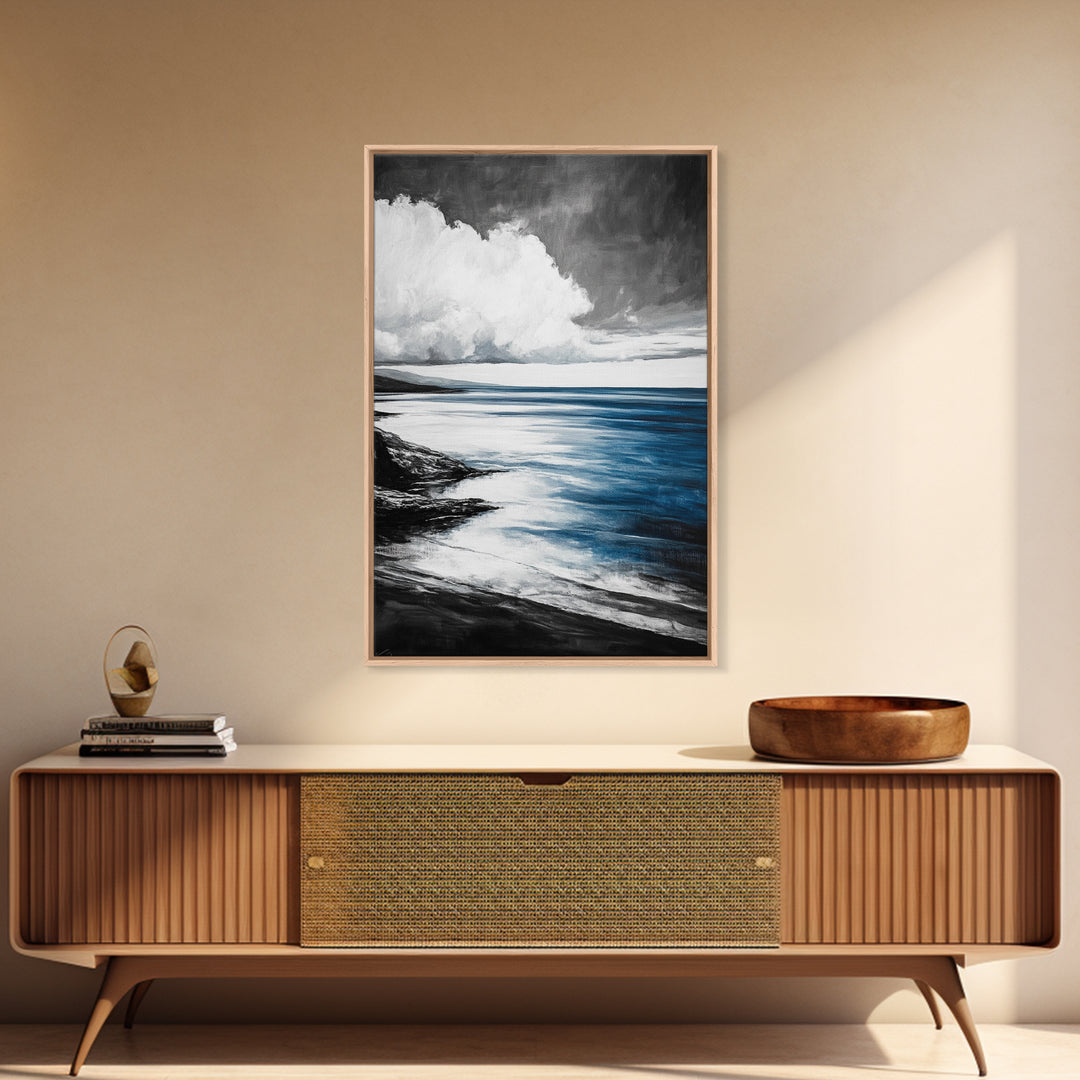 Coastal Shoreline Art, Monochrome Beach Print, Serene Ocean View, Tranquil Seascape Wall Decor, Nautical Art, Framed Canvas Print