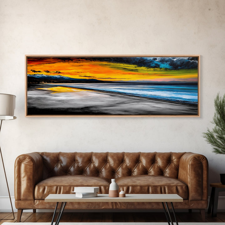 Dramatic Beach Sunset, Golden Coastal Painting, Moody Ocean Wall Art, Vibrant Seascape Print, Tropical Home Decor, Framed Canvas Print