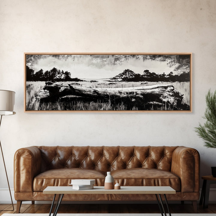 Driftwood Beach, Coastal Landscape, Framed Canvas Print, Black and White Wall Art, Nature Photography Style, Serene Home Decor, Bedroom Art