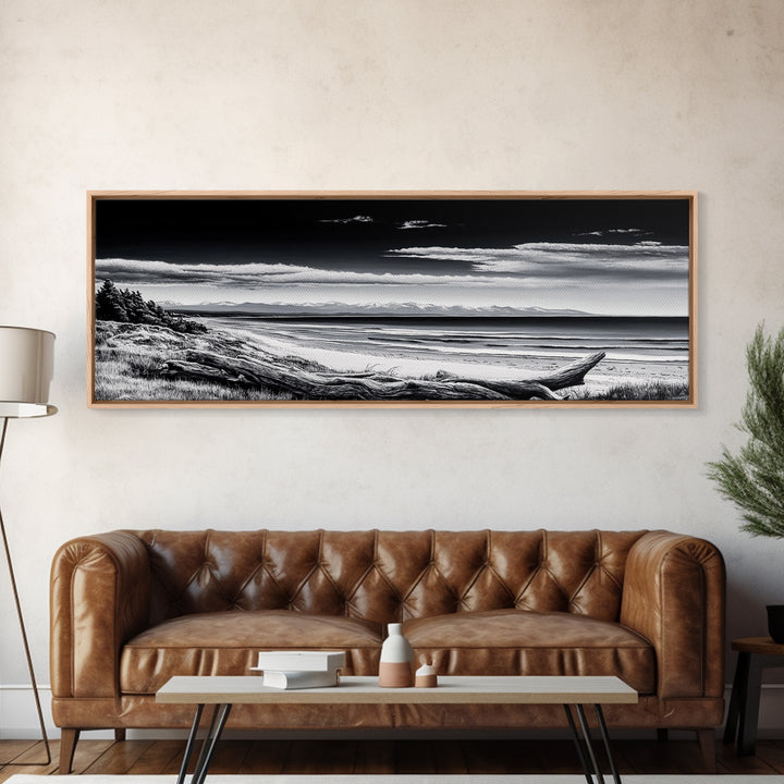 Black and White Beach, Coastal Wall Art, Modern Seascape, Minimalist Art, Monochrome Print, Framed Canvas Print, Bedroom Decor