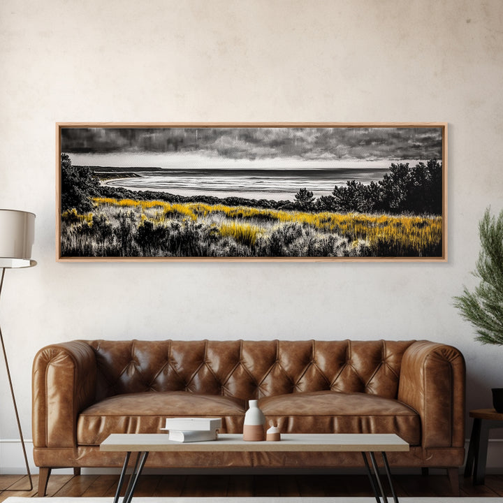 Coastal Storm, Moody Ocean Art, Dramatic Landscape, Black and Gold Print, Framed Canvas Print, Modern Wall Art, Beach House Decor