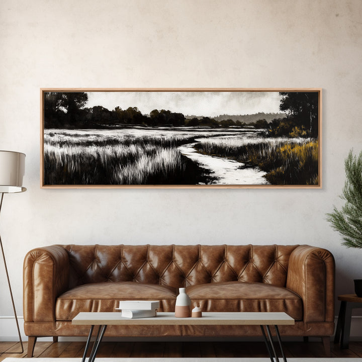 Black and White Marsh, Rustic Landscape, Moody Wall Art, Minimalist Nature Print, Framed Canvas Print, Bedroom Wall Decor