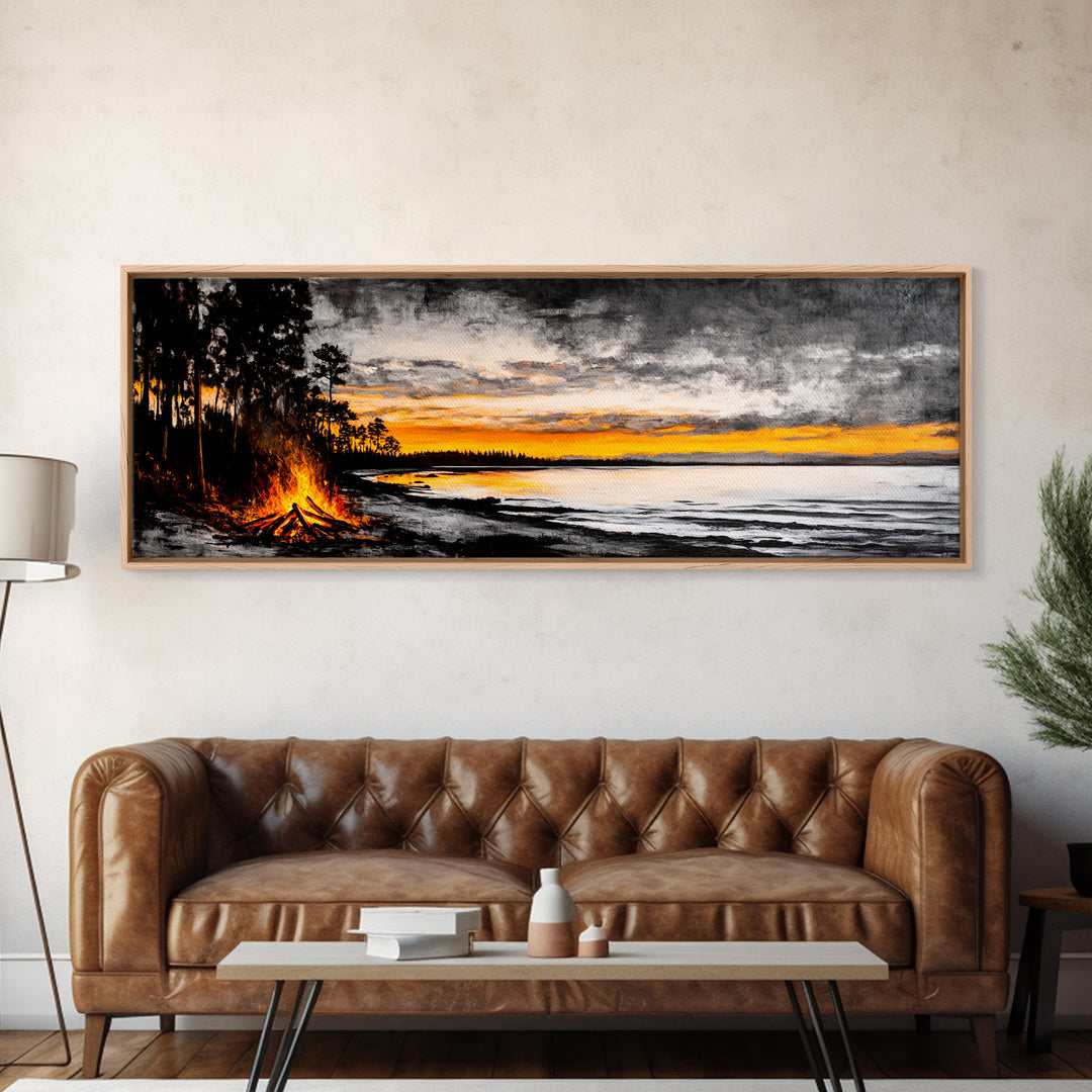 Campfire by Lake, Sunset Landscape Art, Cozy Rustic Print, Fall Wall Decor, Outdoor Adventure Canvas Print, Framed Canvas Print