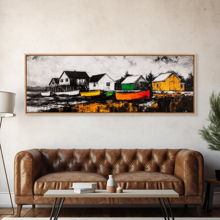 Coastal Village, Nautical Wall Art, Boat Painting, Framed Canvas Print, Beach House Decor, Seaside Landscape, Maritime Theme