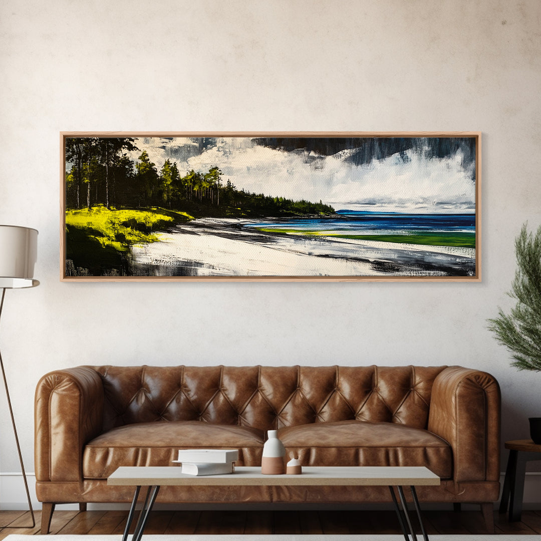 Coastal Landscape, Blue and Green Seascape, Beach Wall Art, Modern Wall Decor, Office Wall Art, Framed Canvas Print, Large Canvas Art