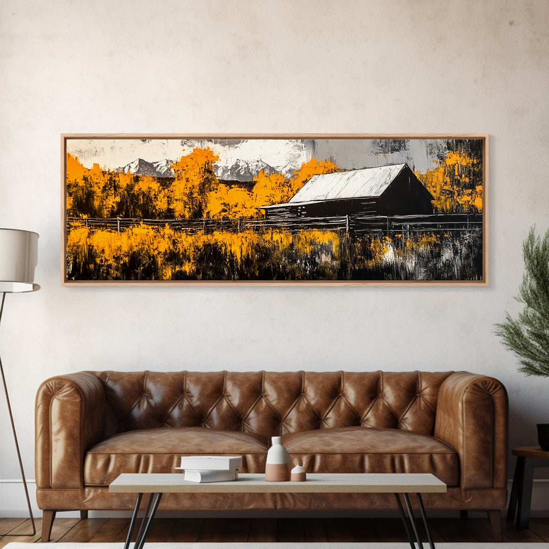 Rustic Cabin, Autumn Mountain Art, Western Wall Decor, Farmhouse Art, Fall Home Decor, Framed Canvas Print, Living Room Wall Art