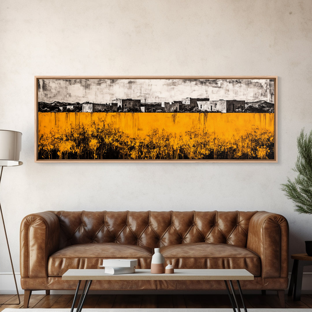 Desert Village, Southwestern Art, Yellow Landscape, Canvas Print, Rustic Wall Decor, Living Room Wall Art, Modern Abstract, Boho Aesthetic
