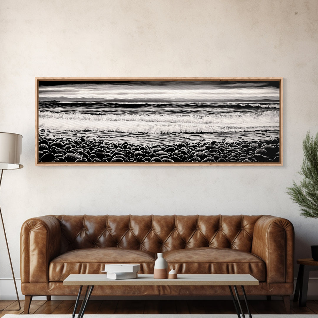 Black and White, Pebble Beach, Monochrome Ocean Art, Coastal Canvas Print, Minimalist Wall Art, Living Room Decor, Framed Canvas Print