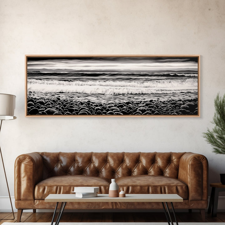 Black and White, Pebble Beach, Monochrome Ocean Art, Coastal Canvas Print, Minimalist Wall Art, Living Room Decor, Framed Canvas Print