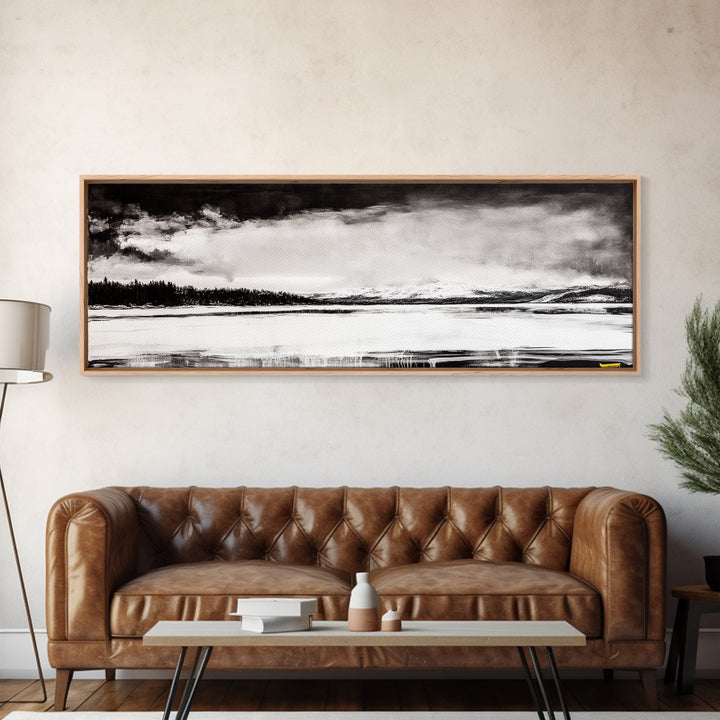 Snowy Lake Scene, Minimalist Landscape, Framed Canvas Print, Winter Wall Art, Serene Home Decor, Modern Office Art, Monochrome Nature Painting