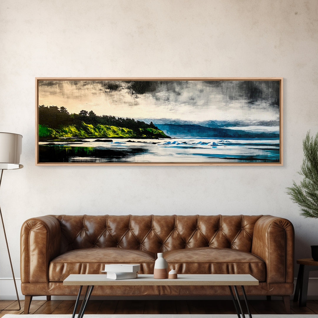 Coastal Wilderness, Green Cliffs and Water, Framed Canvas Print, Modern Nature Art, Living Room Wall Art, Bold Landscape Painting, Serene Decor