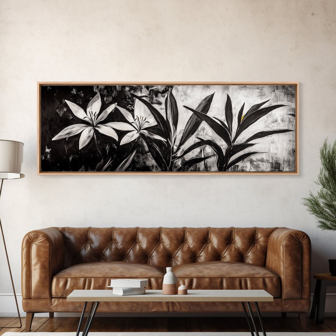 Monochrome Floral, Black and White Flowers, Botanical Wall Art, Minimalist Decor, Framed Canvas Print, Bedroom Art, Modern Aesthetic, Elegant Art