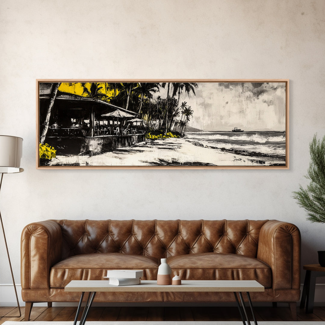 Beachside Restaurant, Ocean Waves, Coastal Cafe, Palm Trees, Framed Canvas Print, Tropical Wall Art, Living Room Art, Nautical Decor