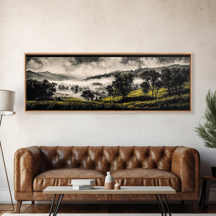 Rolling Hills, Misty Landscape, Moody Mountain Art, Nature Inspired Decor, Framed Canvas Print, Living Room Wall Art, Dramatic Foggy Scene