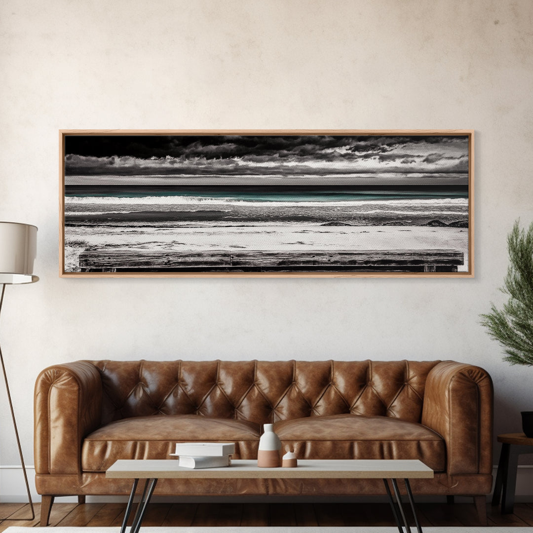 Ocean Bench, Beach Serenity, Black and White Seascape, Minimalist Art, Framed Canvas Print, Calm Coastal, Meditation Space