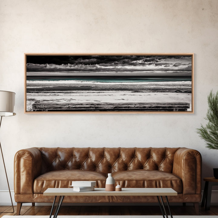 Ocean Bench, Beach Serenity, Black and White Seascape, Minimalist Art, Framed Canvas Print, Calm Coastal, Meditation Space