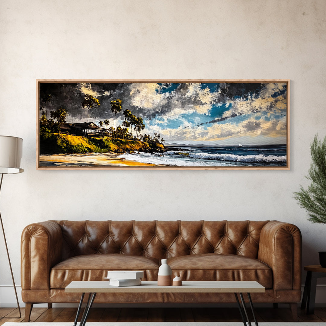 Beach Escape, Cliffside Home, Coastal Scene, Canvas Print, Ocean Landscape, Beach House Art, Nautical Decor, Living Room Artwork