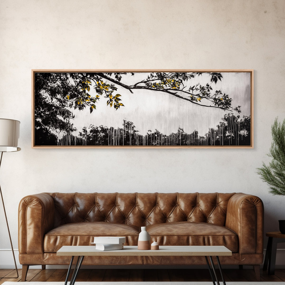 Black White, Dripping Leaves, Modern Art, Framed Canvas Print, Minimalist Decor, Neutral Wall Art, Living Room Wall Art, Monochrome Nature Scene