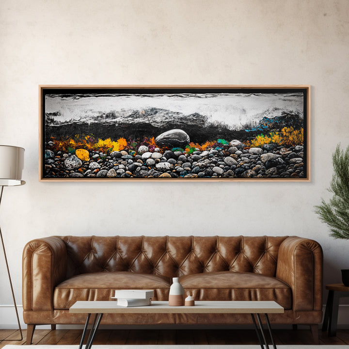 Pebble Beach, Ocean Waves, Coastal Rocks, Canvas Print, Nautical Home Decor, Beach House Art, Nature-Inspired Wall Art, Minimalist Seascape