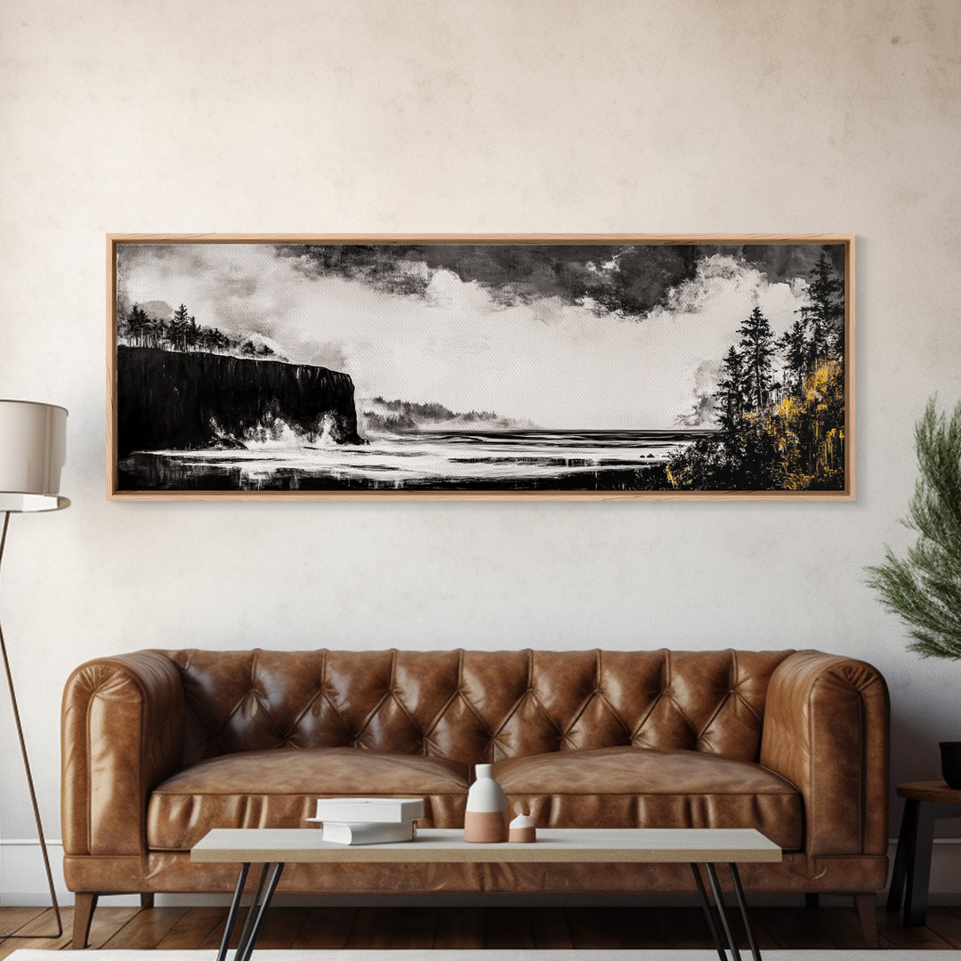 Cliffside Ocean, Dramatic Seascape, Moody Coast, Monochrome, Framed Canvas Print, Coastal Wall Art, Nautical Decor, Large Wall Art
