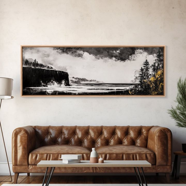 Cliffside Ocean, Dramatic Seascape, Moody Coast, Monochrome, Framed Canvas Print, Coastal Wall Art, Nautical Decor, Large Wall Art