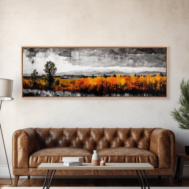 Autumn Landscape, Rustic Cabin Art, Mountain View, Fall Trees, Country Home, Black and White, Living Room Decor, Framed Canvas Print