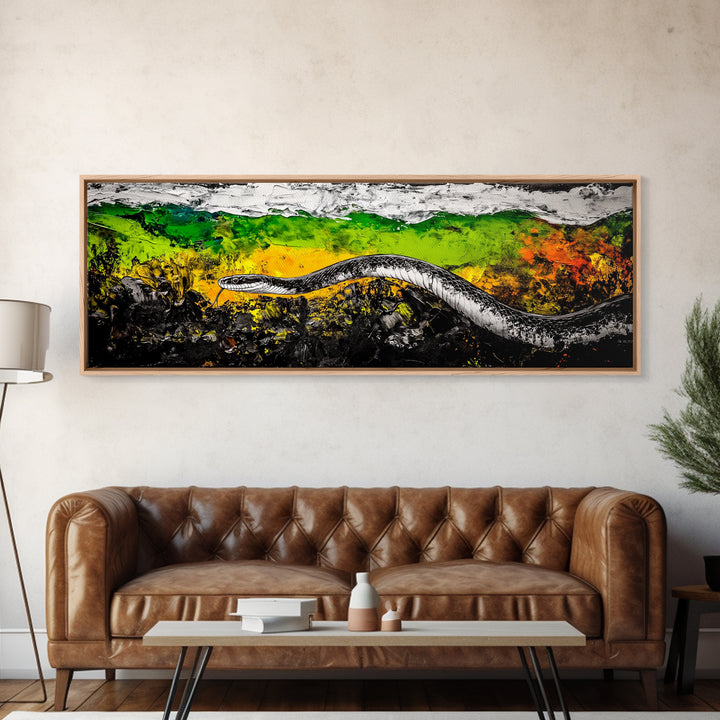 Abstract Snake, Vibrant Reptile Art, Jungle Theme, Wildlife Painting, Green and Yellow, Bold Nature Print, Framed Canvas Print