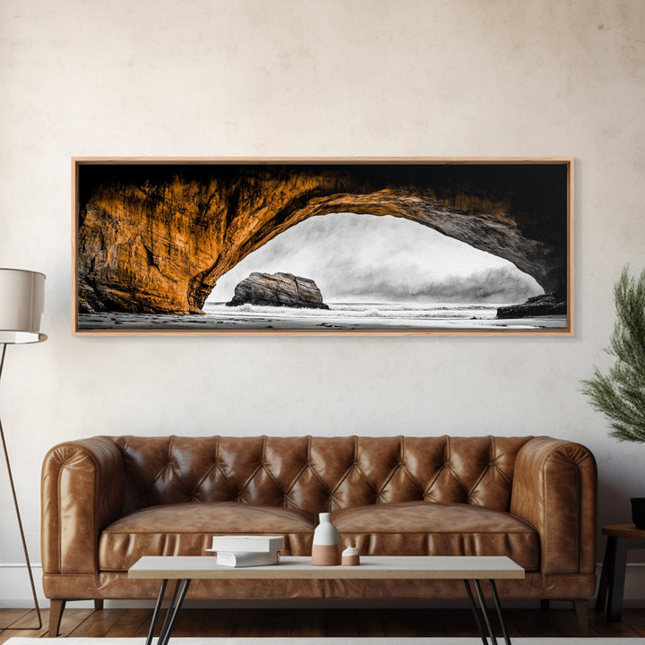 Natural Arch, Coastal Cliff Art, Black and White Landscape, Beach Rock Formation, Dramatic Seascape, Home Wall Decor, Canvas Print