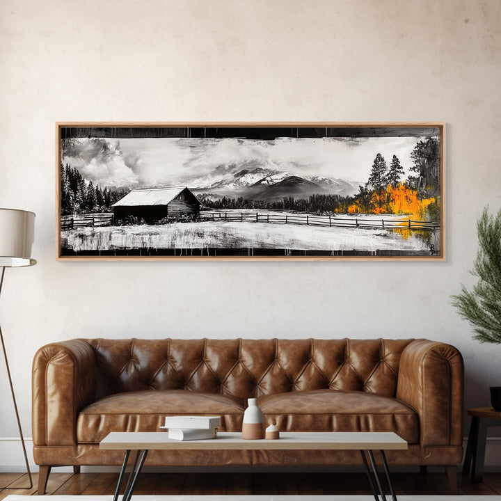 Cabin in Mountains, Rustic Winter Scene, Black and White Art, Fall Forest Accent, Cozy Lodge, Living Room Decor, Framed Canvas Print