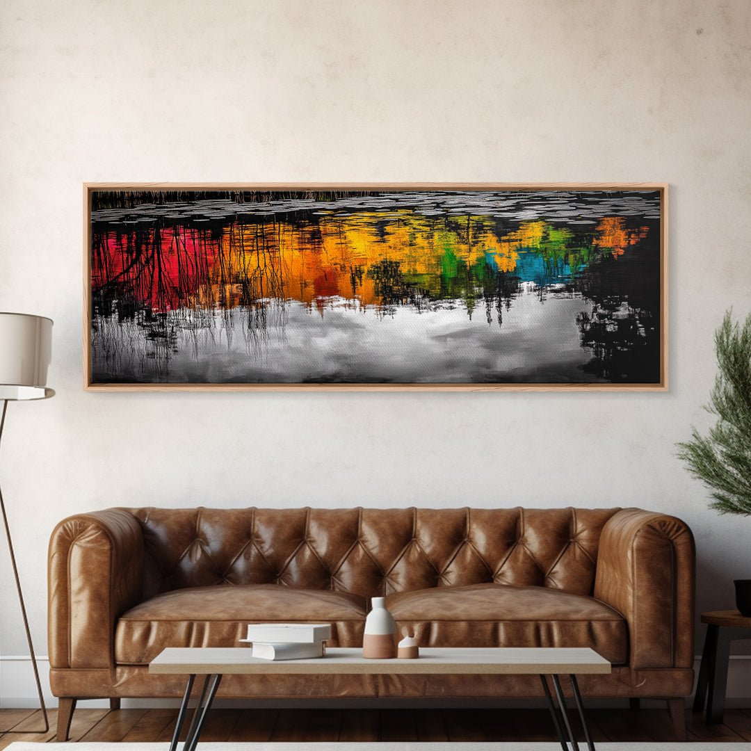 Colorful Reflection, Abstract Water Art, Nature Painting, Autumn Trees, Vibrant Colors, Black and White Contrast, Canvas Print