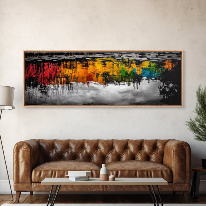 Colorful Reflection, Abstract Water Art, Nature Painting, Autumn Trees, Vibrant Colors, Black and White Contrast, Canvas Print