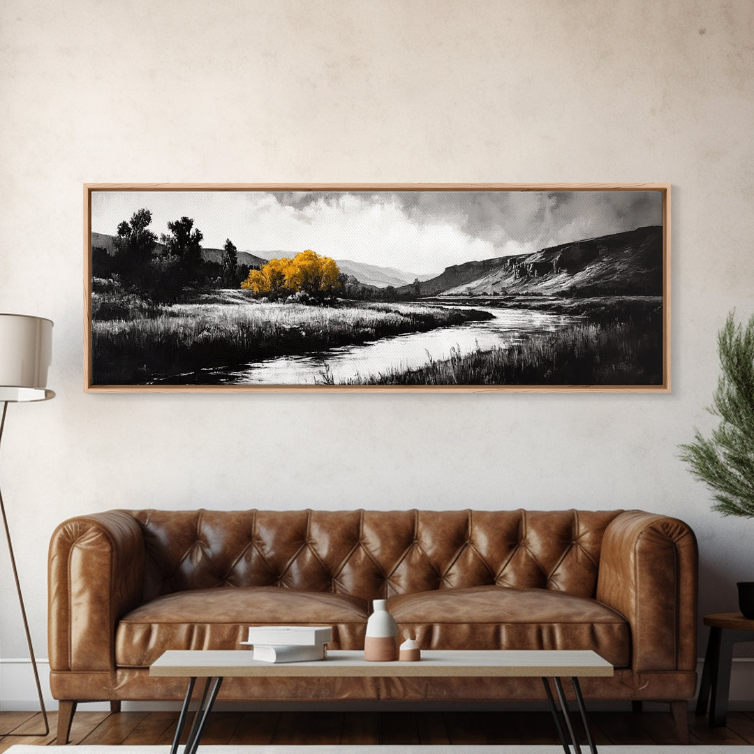 River Landscape, Rustic Nature Art, Black and White with Yellow Accent, Peaceful Scenery, Living Room Decor, Canvas Print