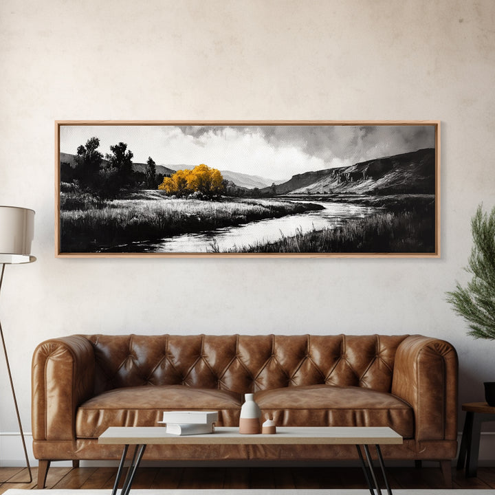River Landscape, Rustic Nature Art, Black and White with Yellow Accent, Peaceful Scenery, Living Room Decor, Canvas Print