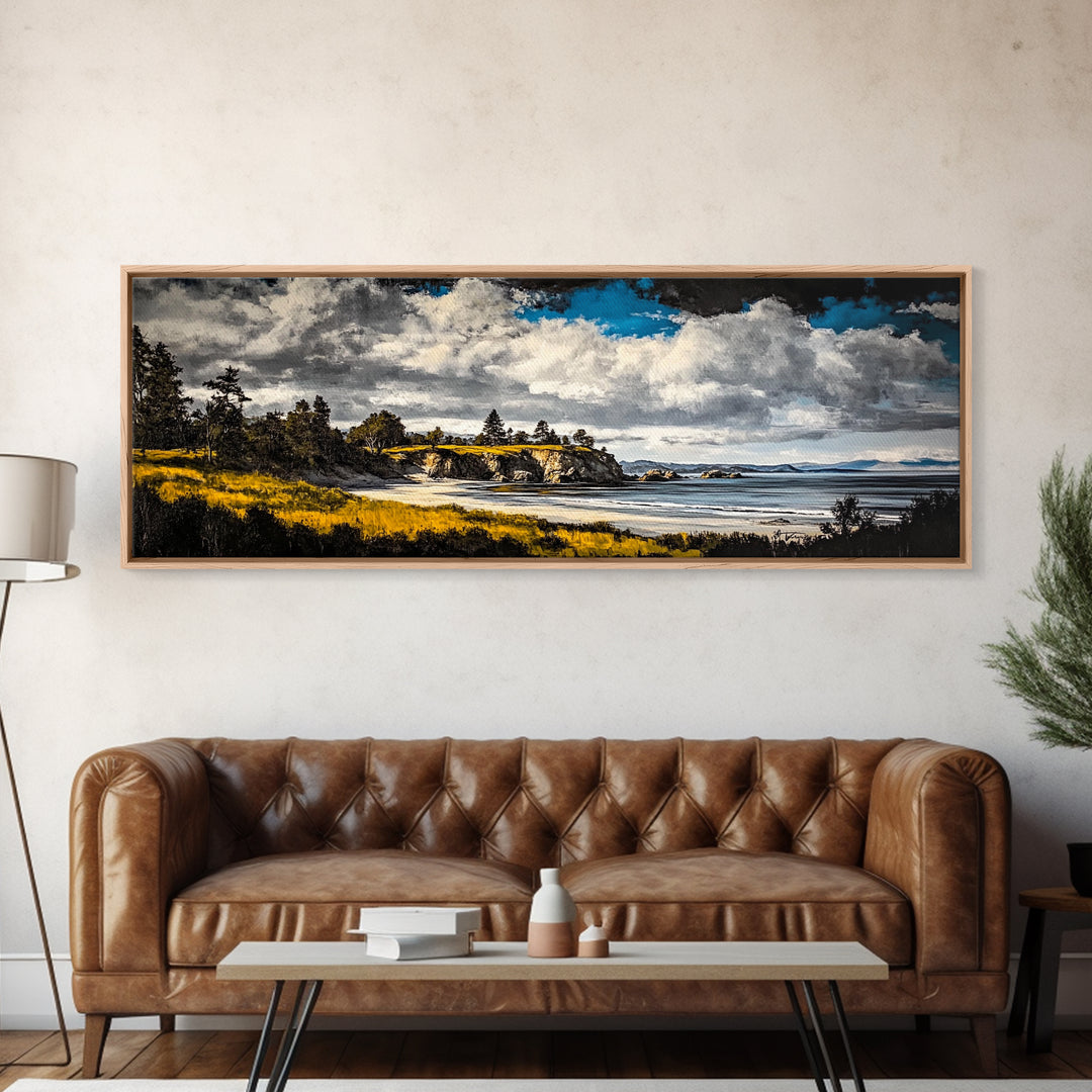 Dramatic Beach, Blue Sky, Coastal Landscape Art, Canvas Print, Modern Nature Decor, Living Room Artwork, Large Scenic Wall Art