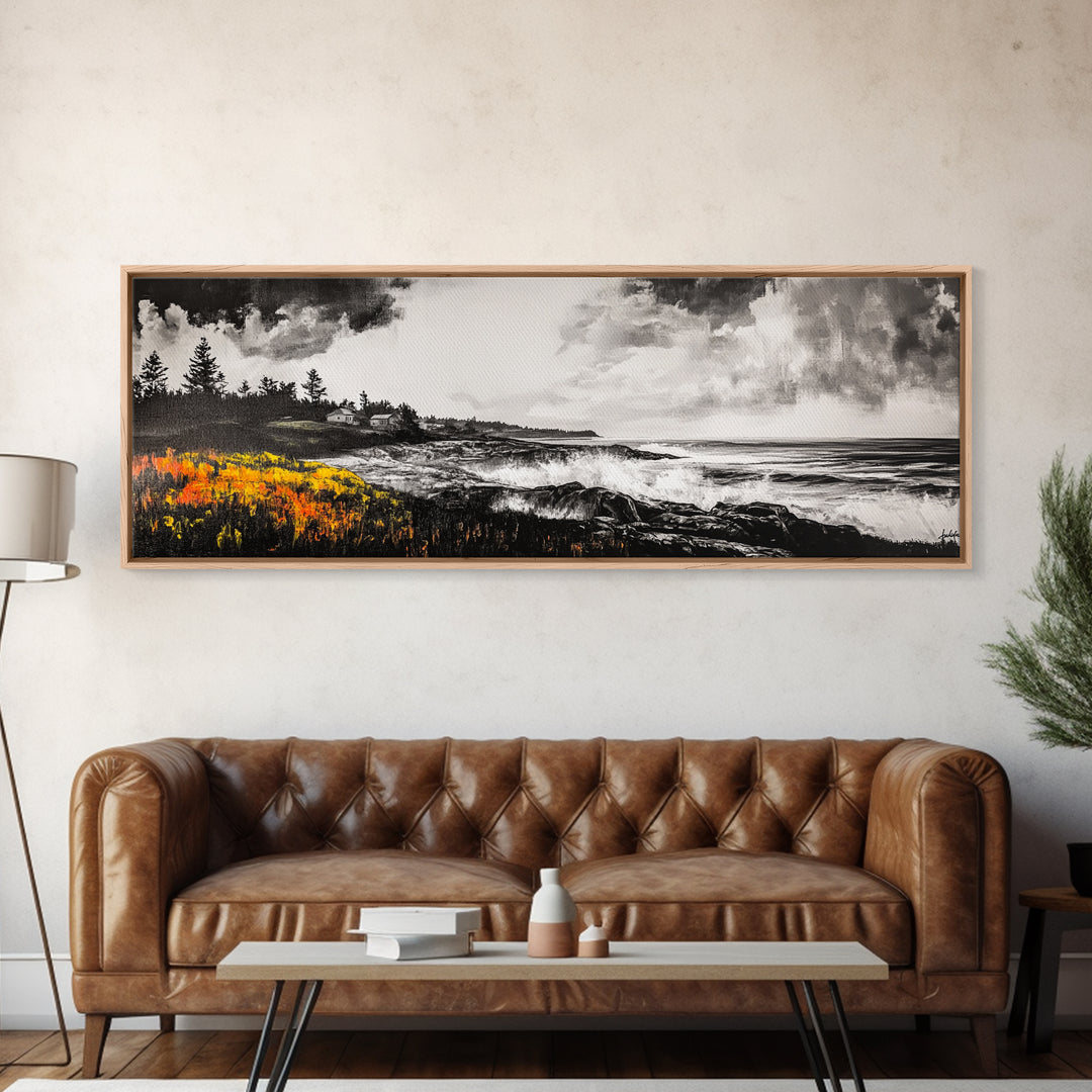 Coastal Storm, Monochrome Seascape, Bold Ocean Art, Framed Canvas Print, Black White Yellow, Living Room Wall Decor, Nautical Artwork