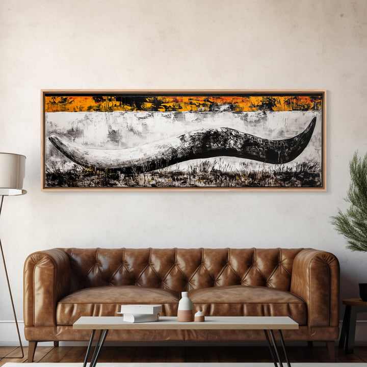 Abstract Horn, Western Wall Art, Longhorn Painting, Framed Canvas Print, Modern Farmhouse, Rustic Decor, Cowboy Wall Art, Black and White