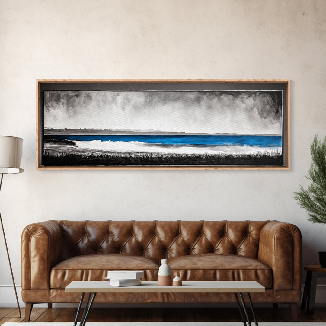 Coastal Serenity, Ocean Waves, Minimalist Decor, Framed Canvas Print, Modern Beach Wall Art, Living Room Artwork, Blue Seascape