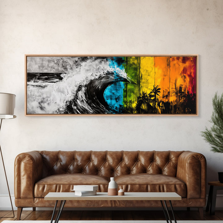 Ocean Wave Painting, Coastal Wall Art, Beach Sunset Decor, Tropical Nature Print, Vibrant Abstract Art, Framed Canvas Print