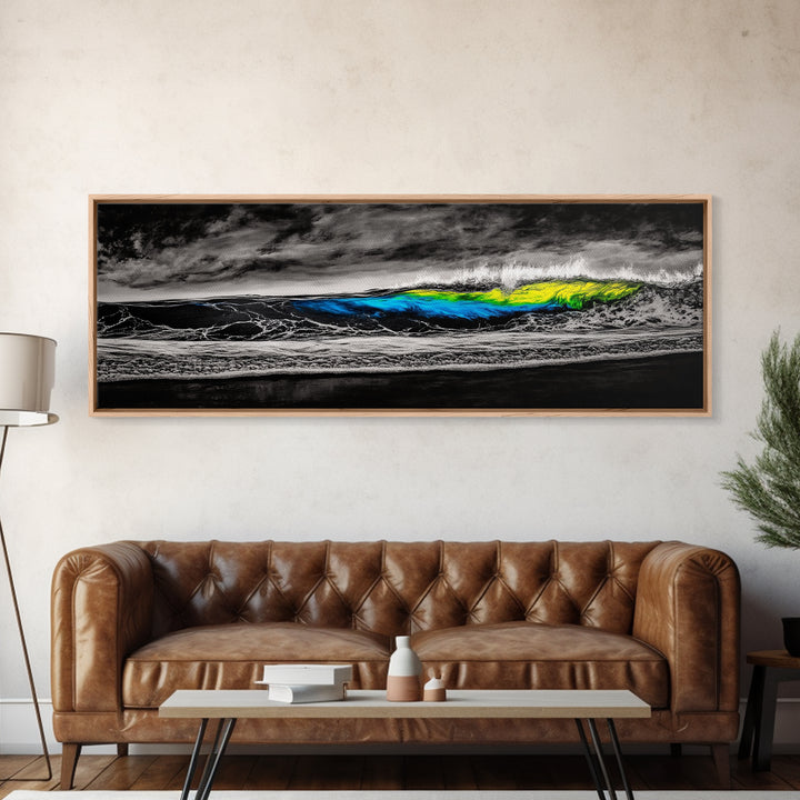 Black, White, Wave, Framed Canvas Print, Surf Wall Art, High Contrast Ocean Scene, Modern Coastal Decor, Contemporary Wave Painting, Monochrome