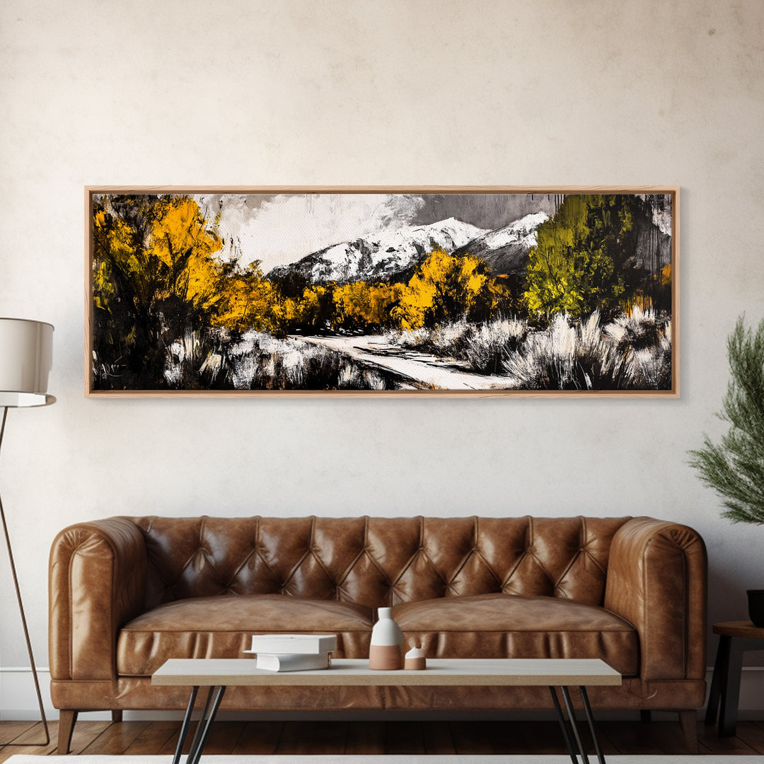 Autumn Forest Scene, Yellow Tree Painting, Rustic Nature Print, Cozy Living Room Wall Decor, Large Canvas Print, Framed Canvas Print