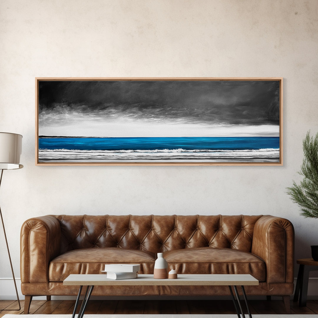 Blue Ocean, Moody Seascape, Coastal Wall Art, Minimalist Beach Scene, Black and White Decor, Framed Canvas Print, Bathroom Wall Art