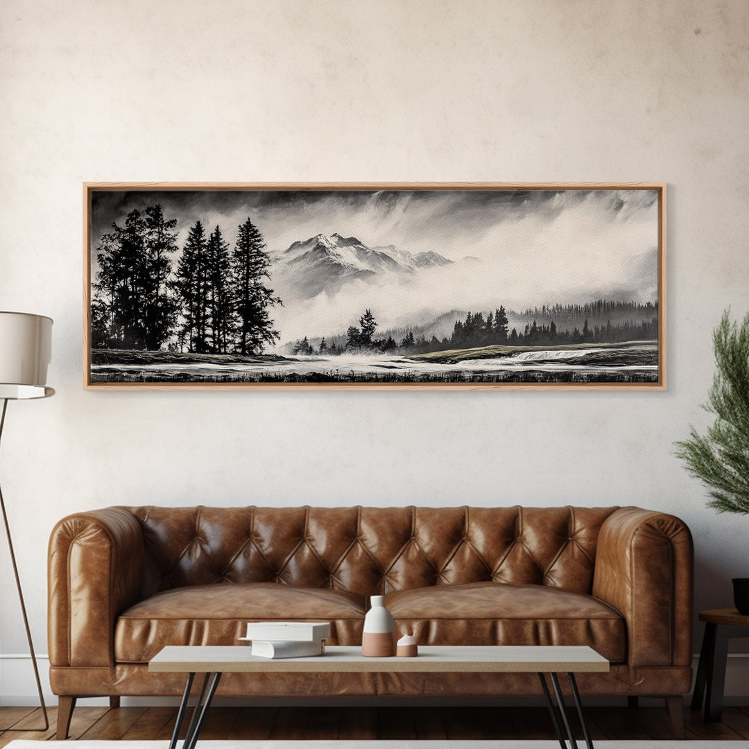 Mountain, Misty Landscape, Black and White, Forest, Framed Canvas Print, Large Wall Art, Minimalist Art, Modern Home Decor, Bedroom Wall Art
