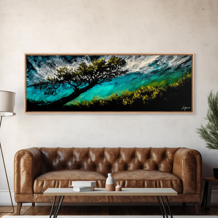 Abstract, Windy Tree, Coastal, Storm, Framed Canvas Print, Moody Wall Art, Large Wall Art, Nature Art, Modern Home Decor, Living Room Wall Art