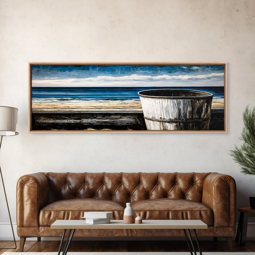 Beach Barrel, Nautical Wall Art, Coastal Home Decor, Canvas Print, Ocean Blue Wall Art, Rustic Seaside, Living Room Decor, Beach House Art